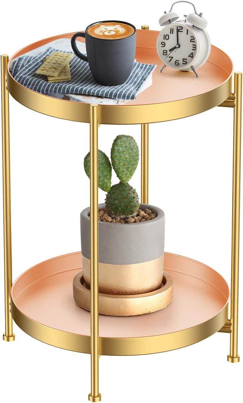 Round Side Table,Gold Metal 2 Tier Tray Metal End Table for Sofa Living Room Tea Table Small Spaces …