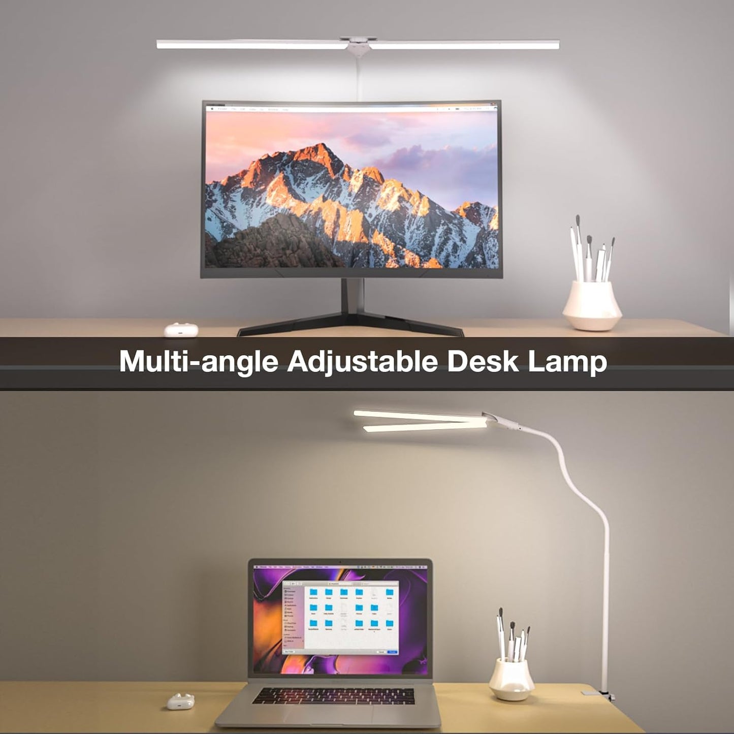 LED Desk Lamp with Clamp, Double Head Desk Light for Home Office, Dimmable Desktop Light, 12W 1400lm Eye-Caring Architect Table Lamp for Workbench Monitor Computer Reading Study, White