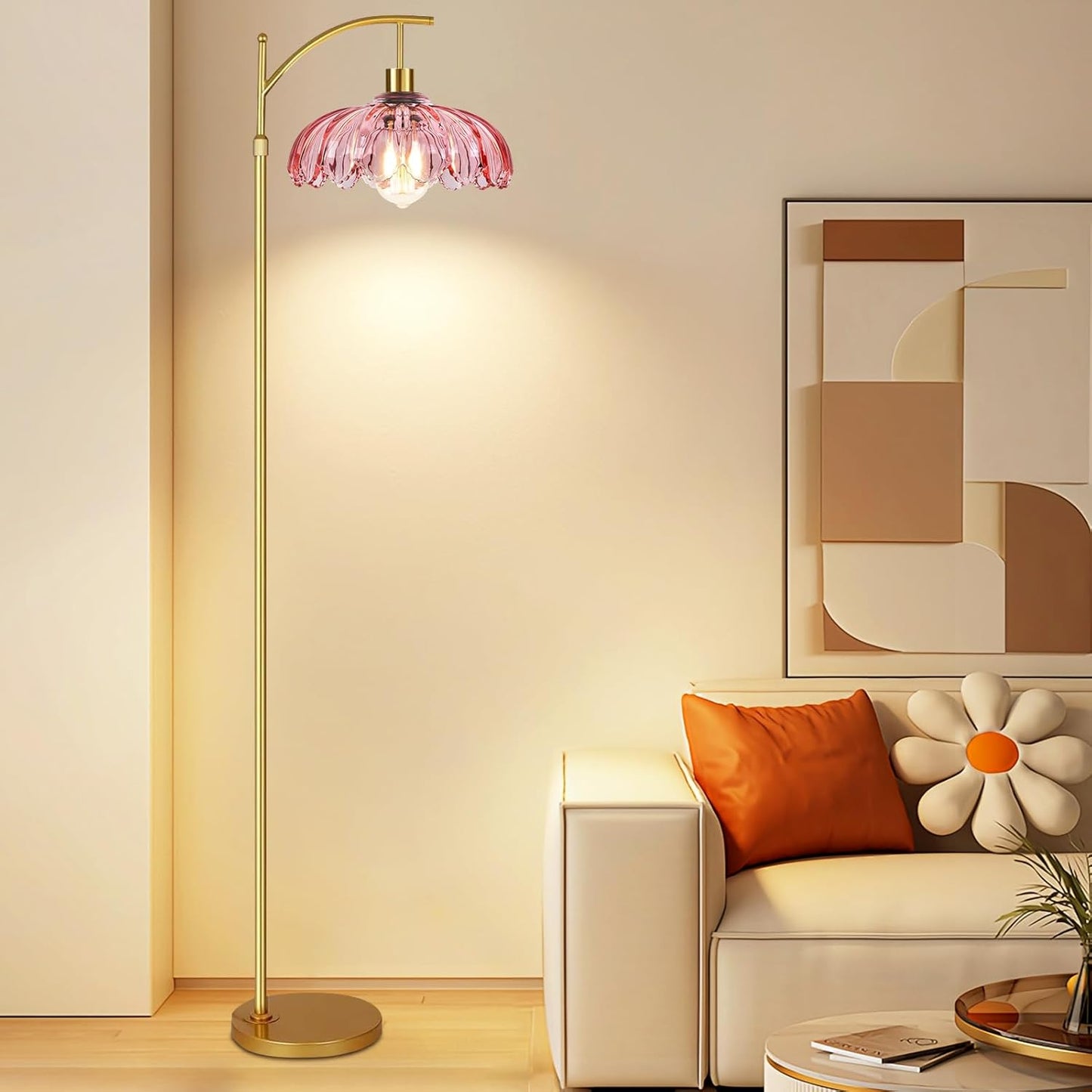 Floor Lamp for Living Room,Bedroom,Gold Dimmable Standing Lamp with Remote,Mid Century Modern Brass Tall Lamp Retro Vintage Pink Glass Lamp Floor Light Boho Bohemian
