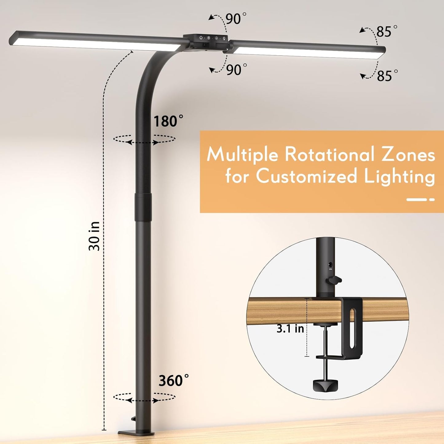 Quntis Desk Lamp for Home Office, 30.7'' Double Head Architect Desk Light with Clamp, 24W Bright 25 Lighting Modes Eye Care No Glare, Adjustable Gooseneck Task Lamp Workbench Reading Study, Gray