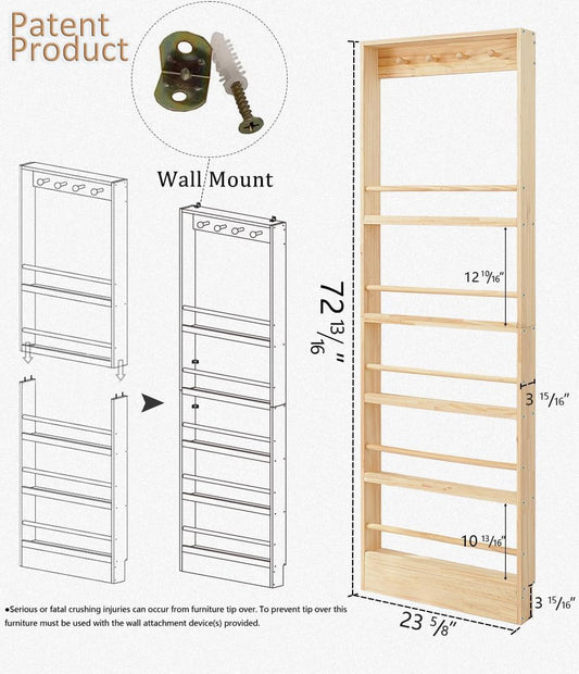 Wooden Slim Shelf with Hooks, Wall Mount, Organizer for Toys and Books, Behind-The-Door, Space-Saving (H: 185cm)