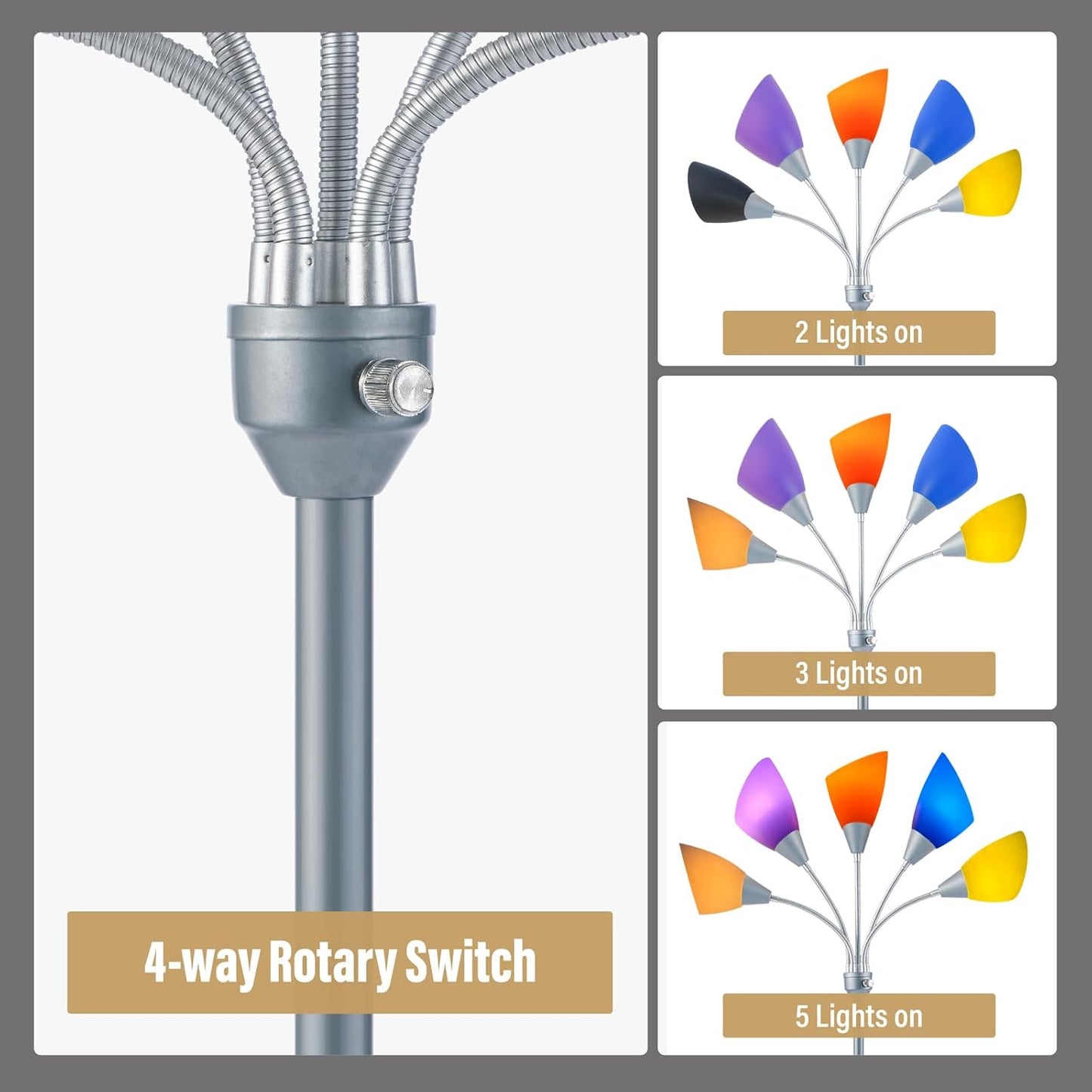 Medusa Floor Lamp, Multi Head 5 Light Floor Lamps for Living Room with 10 Lampshade, Adjustable Neck Reading Standing Lamp for Bedroom,Office,Kids,Classroom (Sliver)
