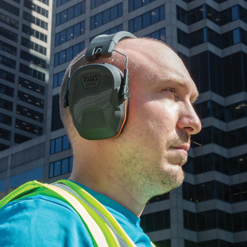 Klein Tools 60570 Hearing Protection Ear Muffs, NRR 27dB, Ultra-Slim Over-the-Head Adjustable Safety Earmuffs for Loud Jobsites