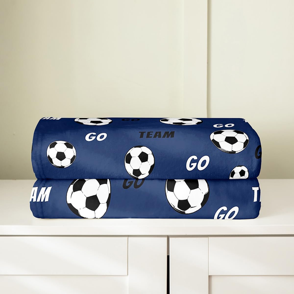 Feelyou Soccer Flannel Fleece Throw Blanket Throw 50"x60" Football Fuzzy Blanket Boys Girls Soccer Ball Pattern Navy Blue Plush Blanket Sports Theme All Season Bed Blanket