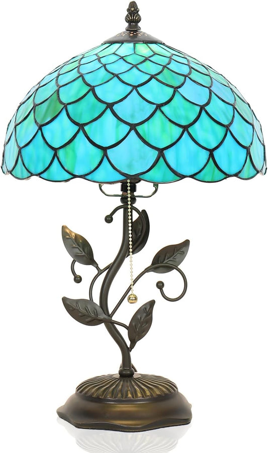 Tiffany Table Lamp, Stained Glass Lamp, 12x12x19 Inch, Metal Leaf Base Decor Lamp for Bedroom、Living Room、Home、Office(Blue Green Fish Scale Style)