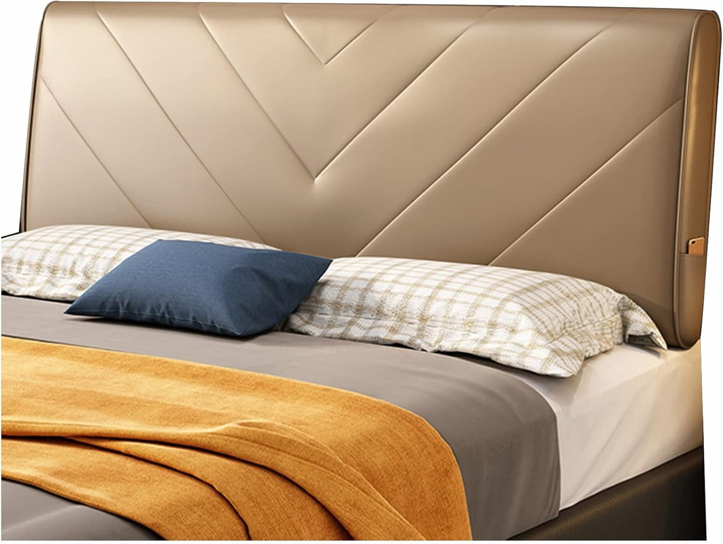 Headboard Bed Backrest Cushion PU Reading Pillow Skin-Friendly Lumbar Support Upholstered Used for Single Double Bed Customizable (Color : Champagne Size : 150X60X10CM) (Champagne 160X60X10CM)