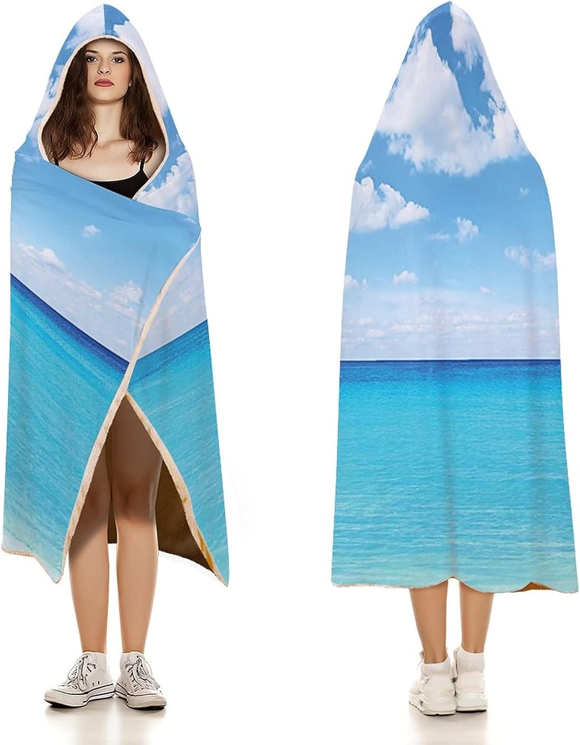 Throw Blankets, Ocean Decor Women Men Hooded Blanket, Surreal Tropical Seascape with Dreamy Sea and, Soft Warm Cozy, 50 x 60inches, Studying Reading Snuggling Napping Office, Turquoise White