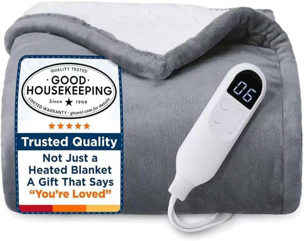 Consumable Corner - Electric Heated Throw Blanket - Soft Flannel & Cozy Sherpa Material - 6 Customizable Heat Levels - Auto-Off 2-8 Hour Timer - Premium Quality - Gray - 50" x 60" - 1 Blanket