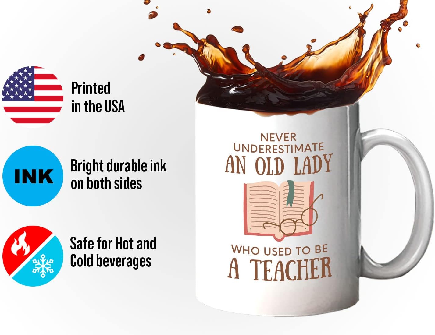Bubble Hugs Book Lover Coffee Mug 11oz White - Never Underestimate Old Lady - Reading Reader Grandma Retired Teacher Book Lover Bookish Novelist Librarian Writer