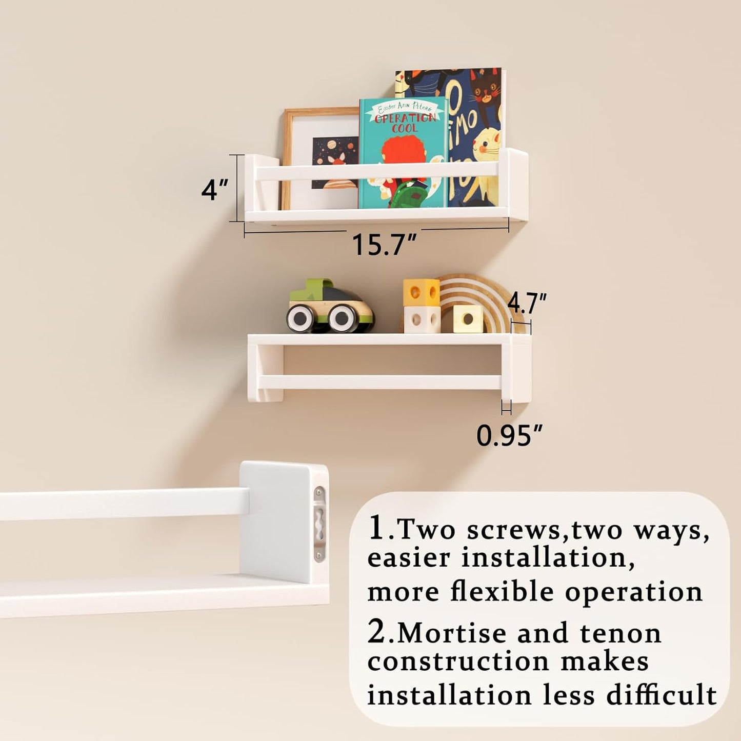 Floating Nursery Book Shelves for Wall, 15.7 Inch Nature Solid Wood Wall Mounted Bookshelf Set of 3, Hanging Bookshelves for Kids Room, Bedroom Nursery Decor and Book Storage (White)