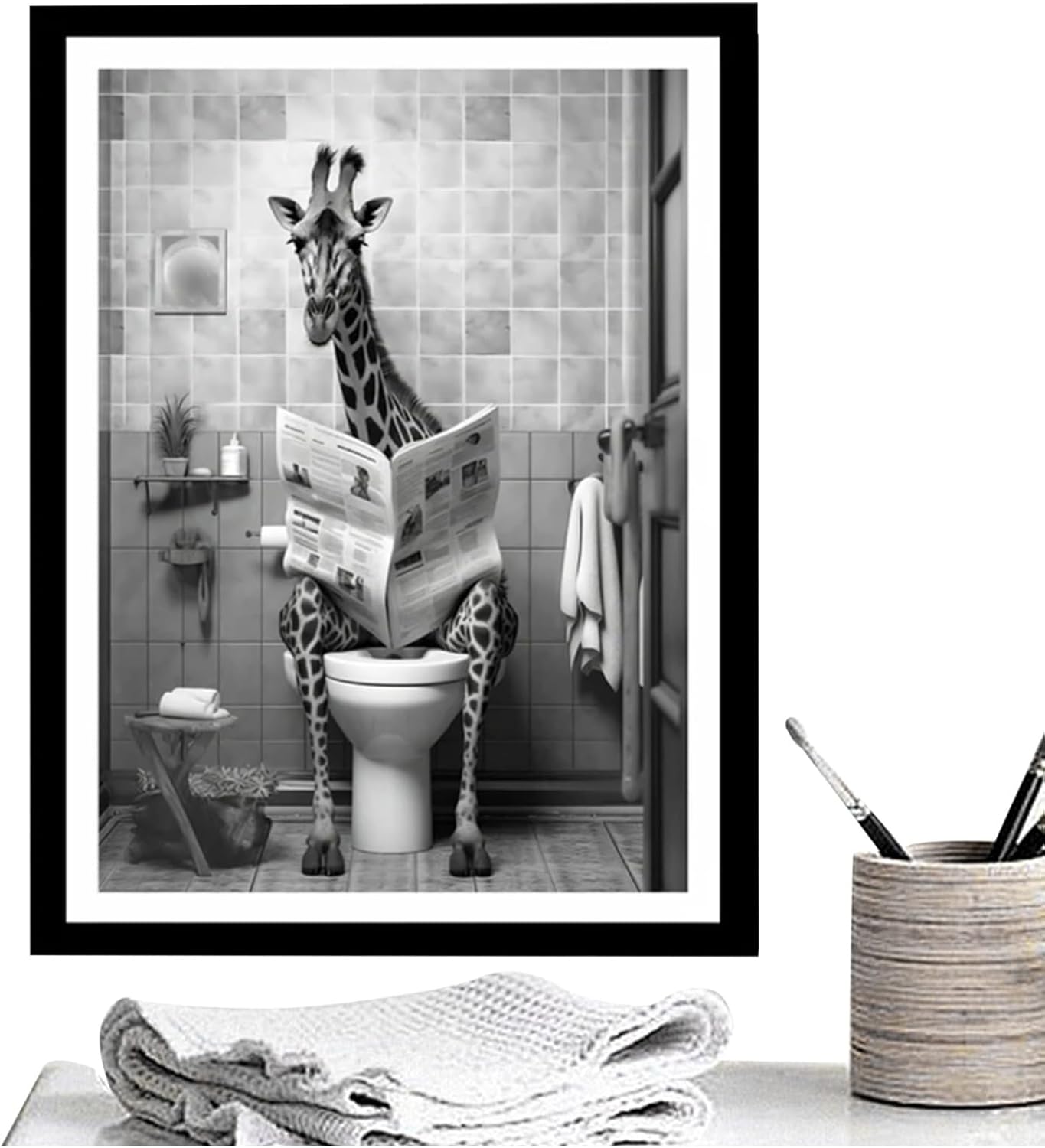 Giraffe Bathroom Decor, Funny Animal Canvas Prints, Humor Poster of Giraffe Reading Newspaper on Toilet for Bathroom, Restroom, Washroom, Hotel, Apartment