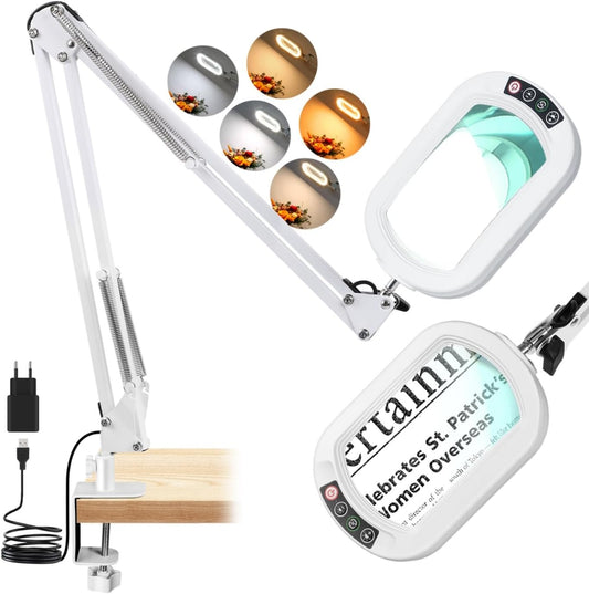 12X Rectangle Magnifying Glass with Light and stand, 2*16 Inch Swivel Arm LED Lighted Clamp Desk Lamp, 5 Color Modes Stepless Dimmable, Large Magnifier with Light for Reading Painting Close Work White