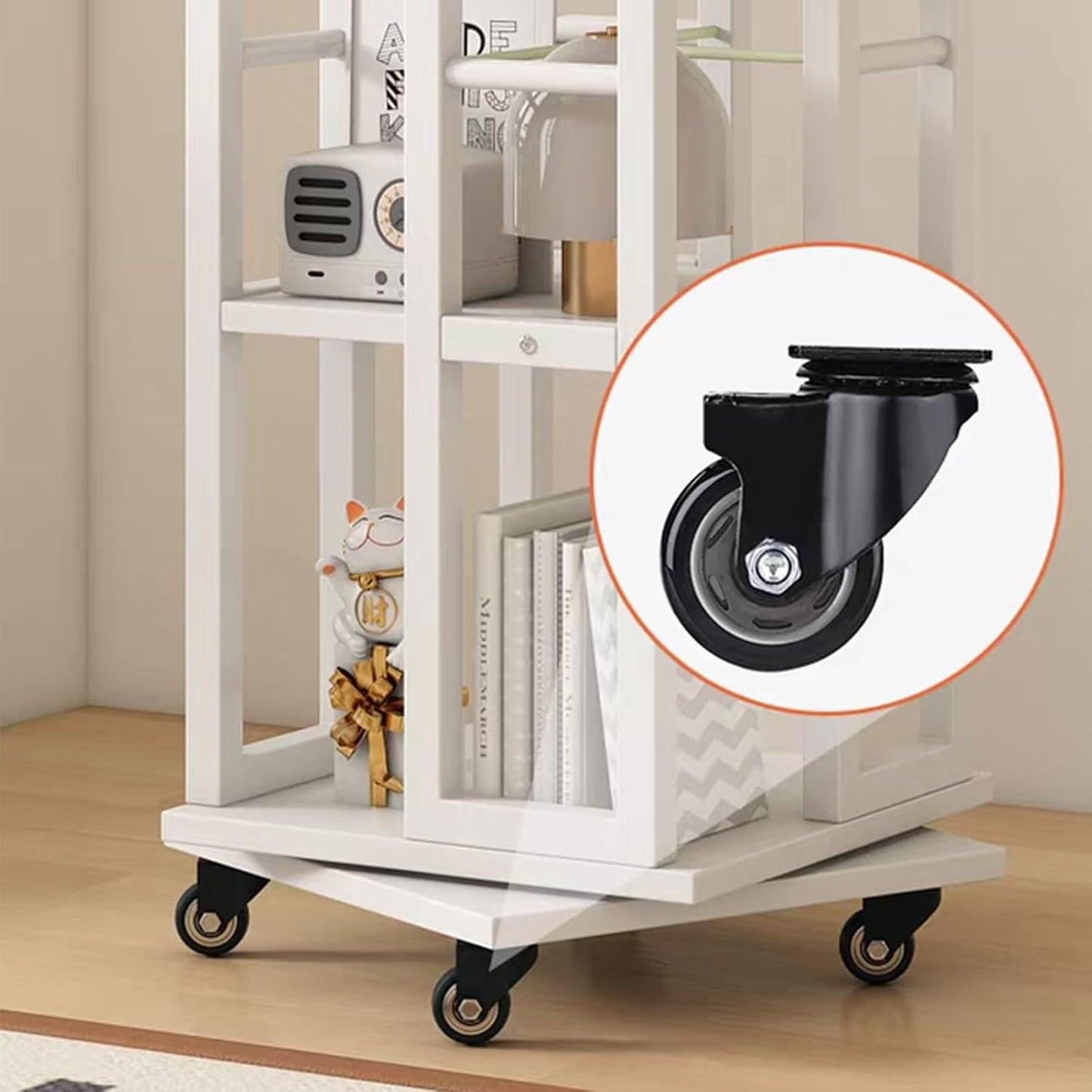 360° Rotating Bookshelf, 4 Tiers Unit Storage Display Rack with Universal Wheels, Floor Standing CD Rack, for Bedroom Living Room Home, Easy Assemble(White+Gray)
