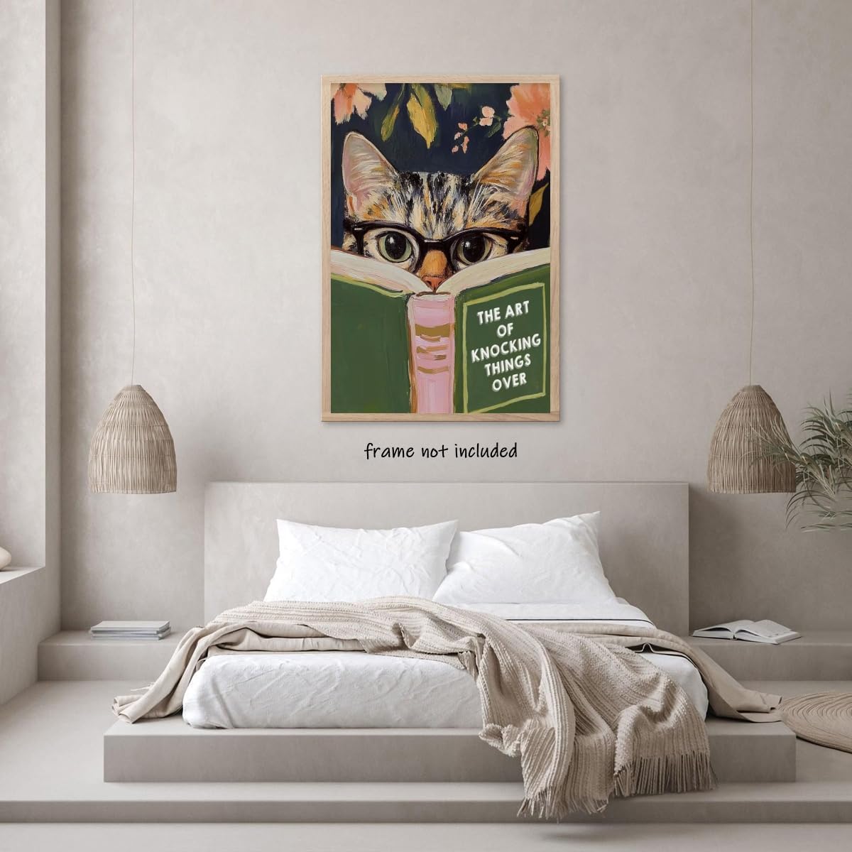 WLZWD Funny Cat Reading Book Wall Art Poster Retro Floral Aesthetic Reading nook office decor Green Pink Humorous Bathroom decor Prints for Bedroom Living Office Unframed8x10inch