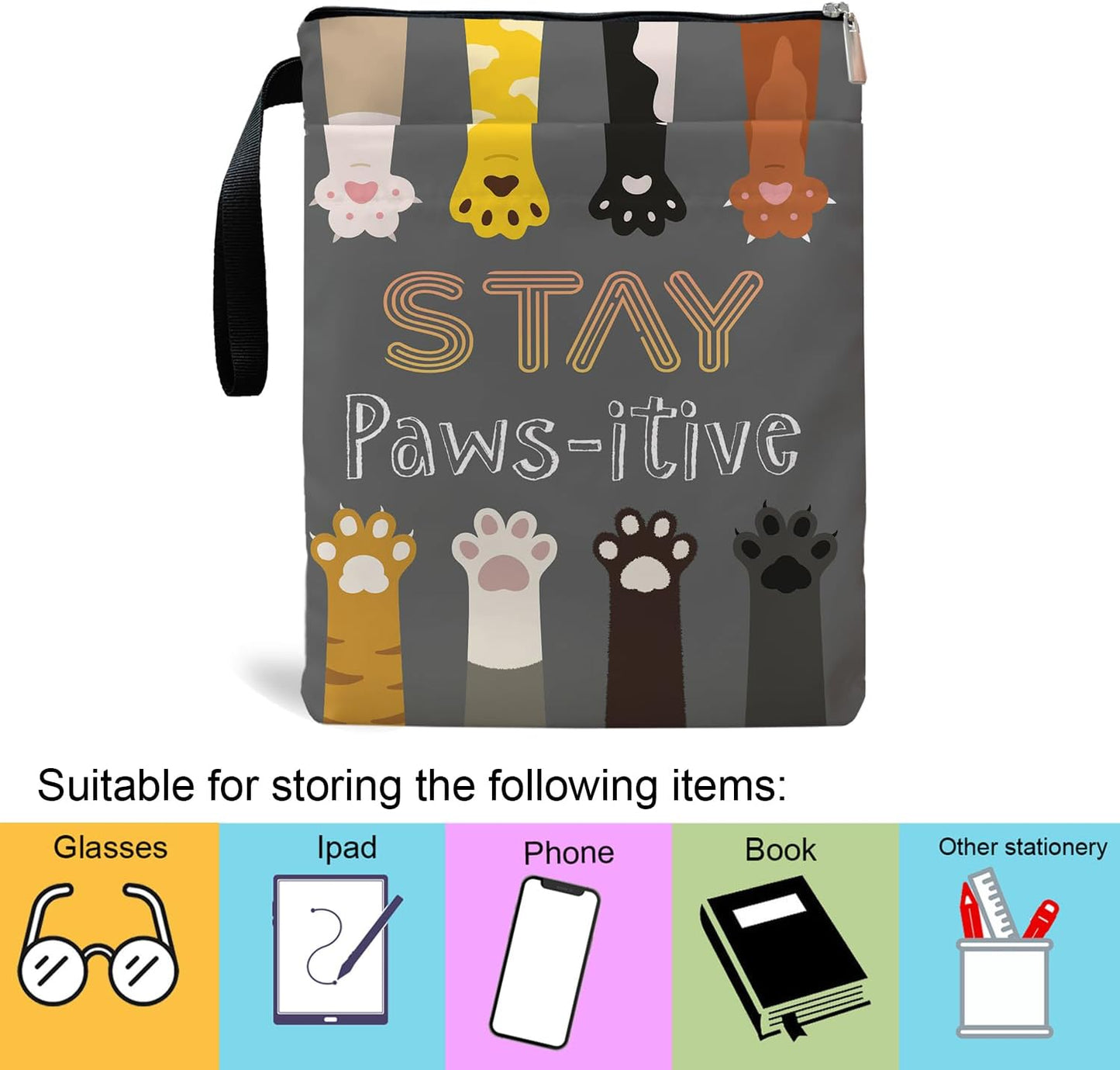 Book Sleeve, Book Covers with Zipper, Funny Cat Book Lovers, Gifts for Women Teacher Librarian Bookworm Bookish- Easily Distracted by Cats and Books (Grey, Large)