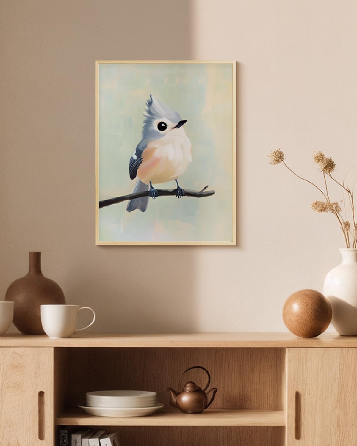 Cute Songbird on Branch Metal Framed Canvas Print Wall Art, 12x16 Bird Illustration with Soft Pastel Tones, Modern Animal Artwork Living Room Farmhouse Scandinavian Bedroom Nursery Office Decor