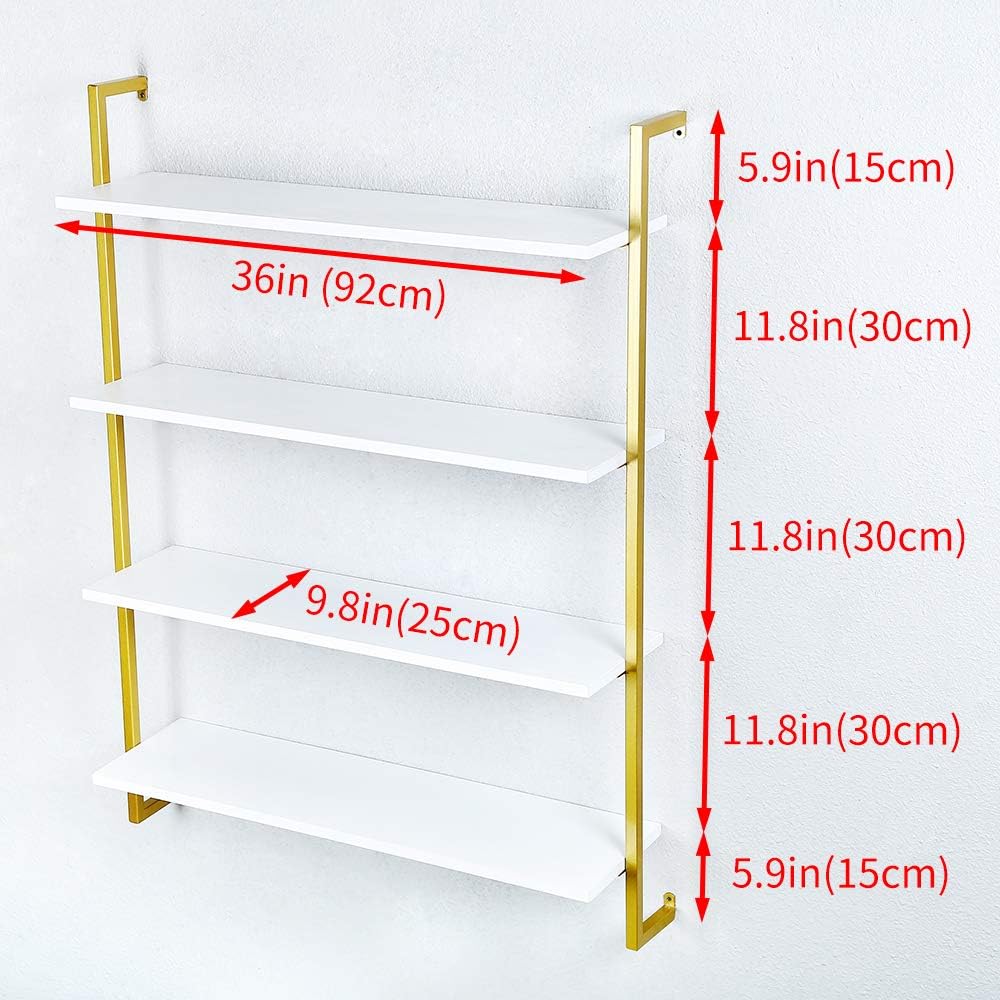 Industrial Metal Wall Shelf,Floating Wood Shelves Wall Mounted,36in Real Wood Book Shelves,4 Tier for Bedrooms Office