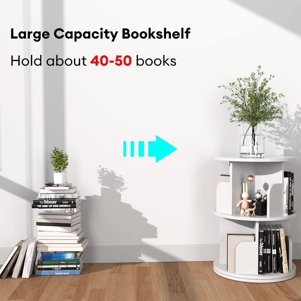 Nidouillet Rotating Bookshelf, Revolving Bookcase 360 Display Round Bookshelf, High-Density MDF Wood Narrow Swivel Corner Book Shelf Standing Bookcase for Adult Bedroom, Living Room (White, 2 Tier)