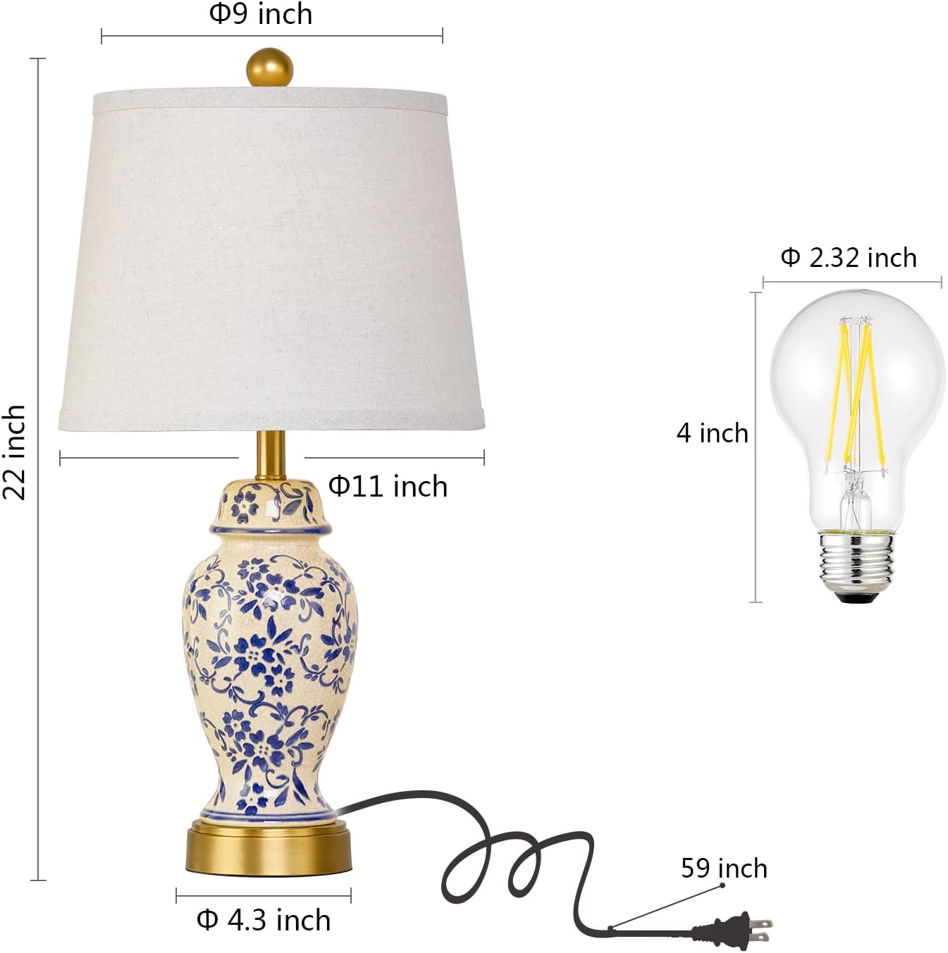 RORIANO Chinoiserie Ceramic Table Lamps Set of 2 for Living Room Bedroom Bedside, Traditional Blue Porcelain Classic Table Lamp for Nightstand Entryway, 2 LED Bulbs Included (Gold)