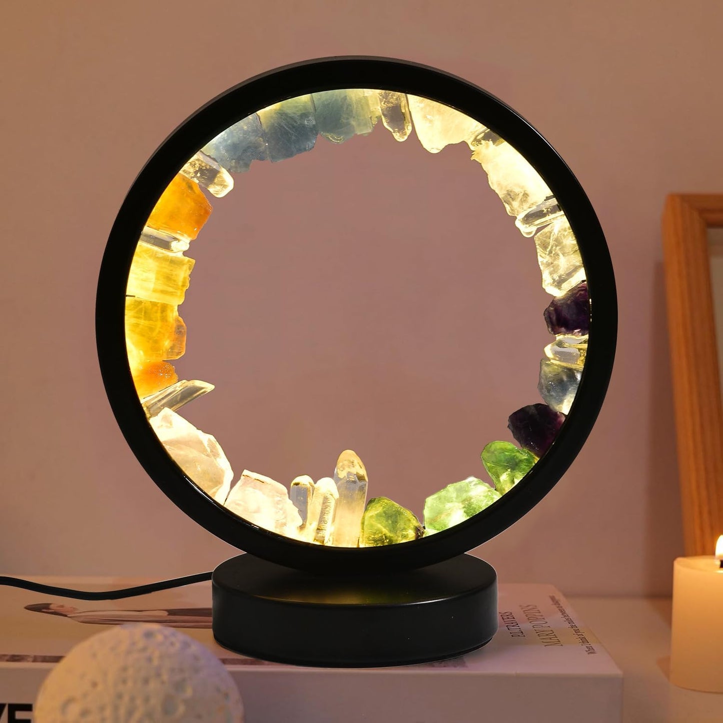 AMOYSTONE Natural Chakra Crystal Night Light with USB, Mixed Stones Round Meditation Lamp with 3-Color Control for Bedroom, Office & Home Decor (Push Button Switch)