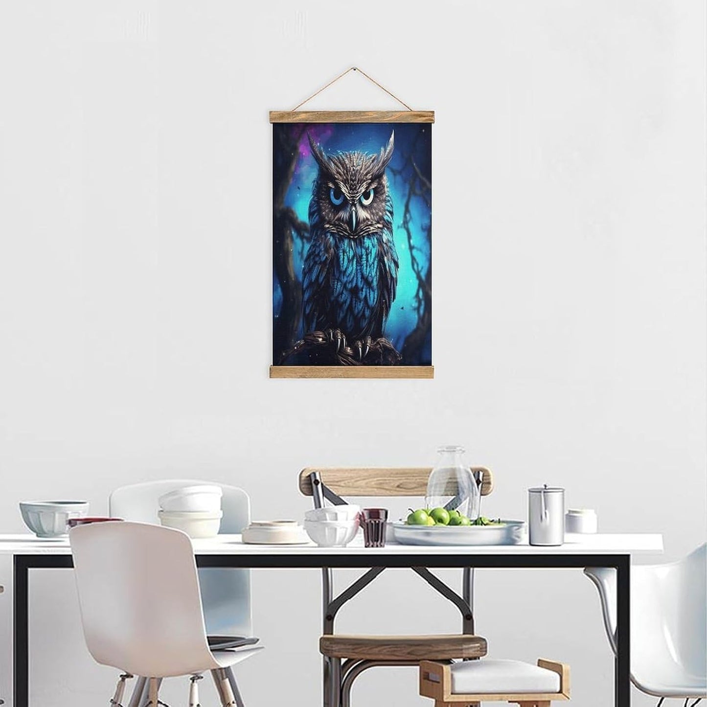 Vintage Blue Owl Poster with Wooden Frame Personalized Linen Hanging Scroll Painting Rustic Wall Hanging Illustrative Modern Artwork Decor for Home Living Room Bedroom Office