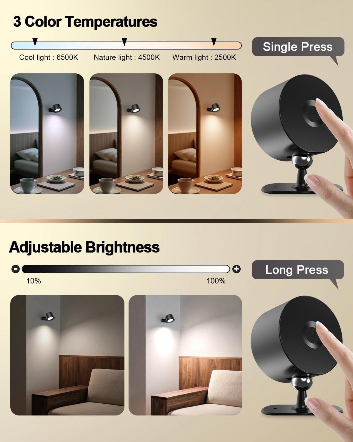LED Rechargeable Wall Sconces 2 Pack, 360° Rotatable Cordless Wall Lights, Dimmable Touch & Remote Control, 3 Color Temperatures Battery Operated Wall Lamp for Bedroom Reading Bedside, Black