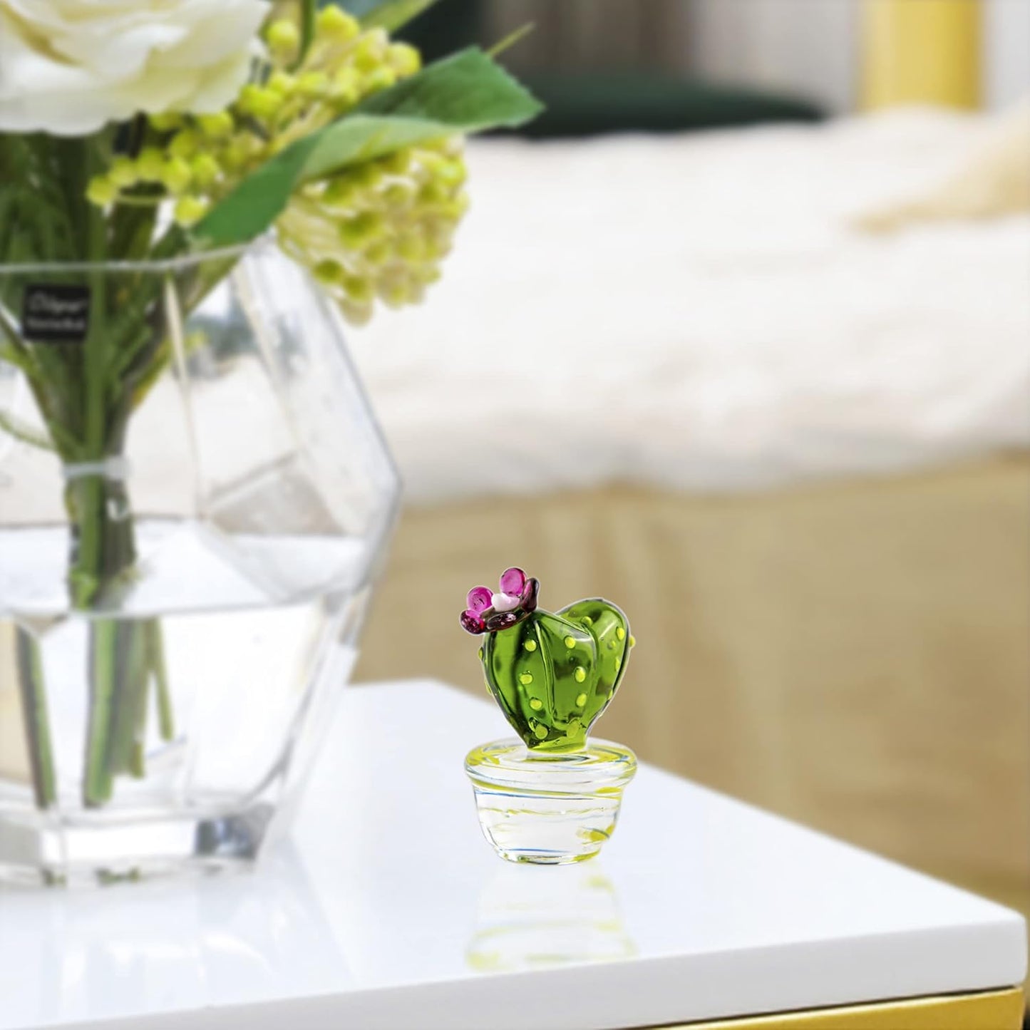 QFkris 1.6" Mini Art Cactus Glass Blown Handmade Glass Figurines Collectibles Table Home Decoration Simulation Plants D