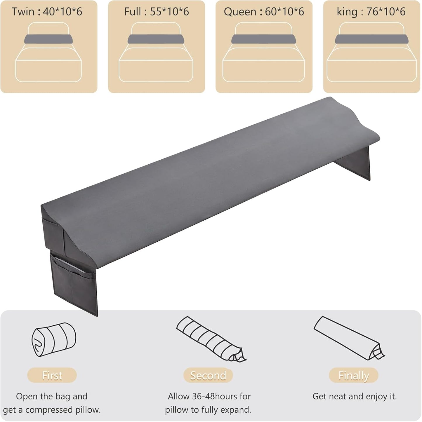 Bed Wedge Pillow for Headboard Gap Filler Queen(60"x6"x10")-Triangle Pillow Wedge for Bed, Mattress Wedge Gap Filler for Headboards, Soft Washable Cover, Neck Back Support&Sleeping Pillow Wedge, Gray