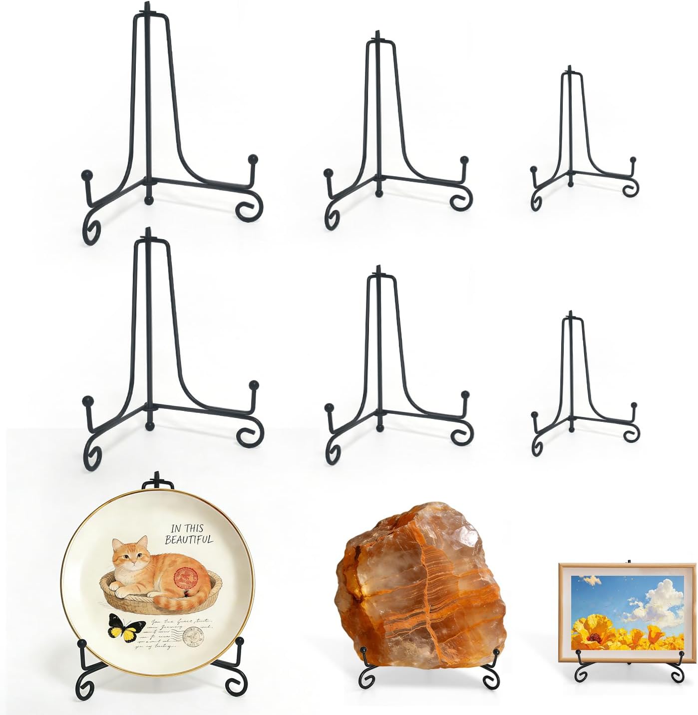 Iron Plate Stands for Display,Foldable Book Holder & Easel Stand for Sign, Versatile Poster Stand and Small Plate Stand for Home Decor, Art, Photo Frame, Card, Crystal Display (Black, 4 6 8 inch (6Pcs))