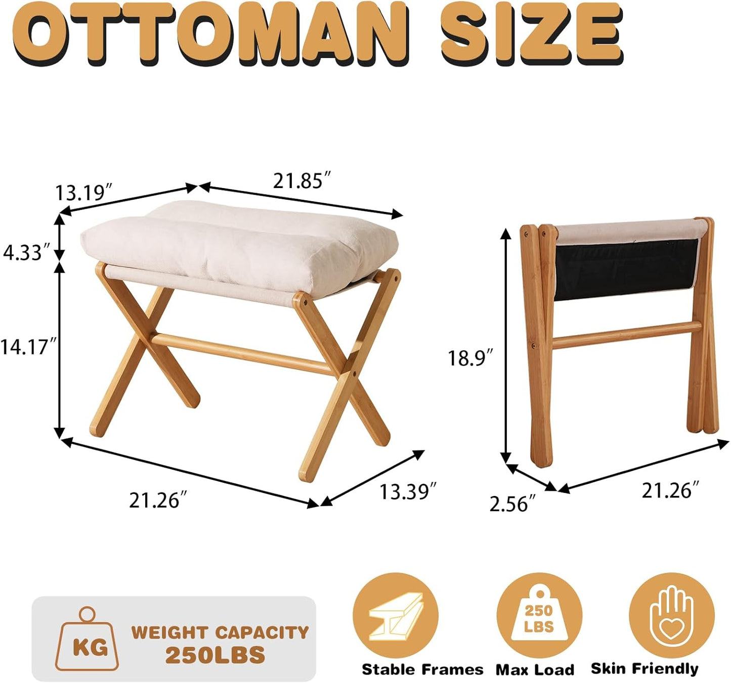 Ottoman Foot Rest- Bamboo Foldable Stool, Foot Stools Small Ottman with Upholstered & X Legs, Folding Stool for Makeup, Bedroom and Living Room (Large Beige)