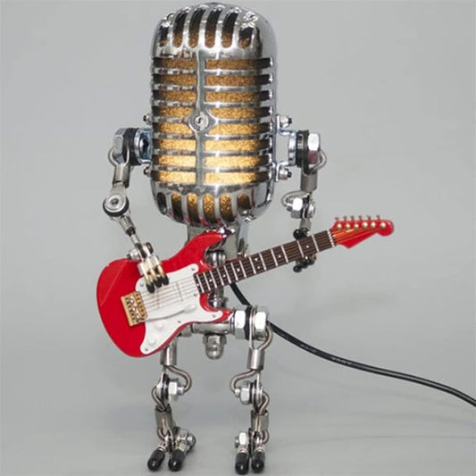 Vintage Microphone Guitar Robot Lamp, Music Gifts for Men, Cool Gifts for Music Lovers, Vintage Light Home Decor Nightstand Desk Lamp for Bedroom, Music Studio (Red)