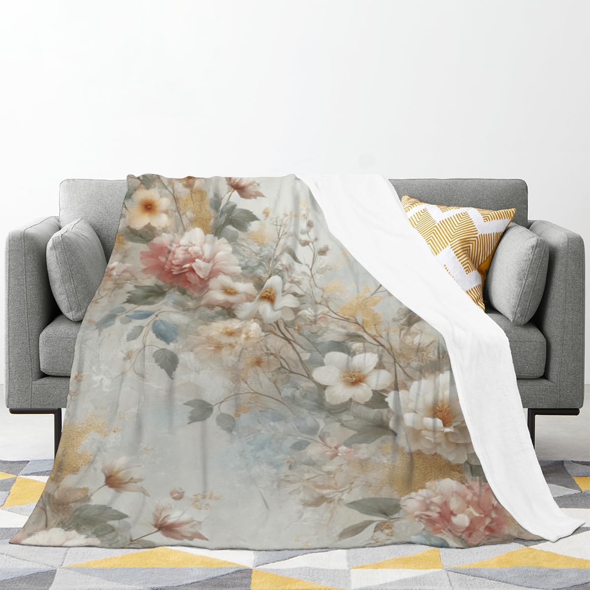 Decorative Accent Throw Blanket for Couch Sofa Bed 50x60 – Soft Flannel Blanket for Bedroom Living Room Floral Watercolor Flowers Pattern Aesthetic Pastel Tones Pretty Design Print