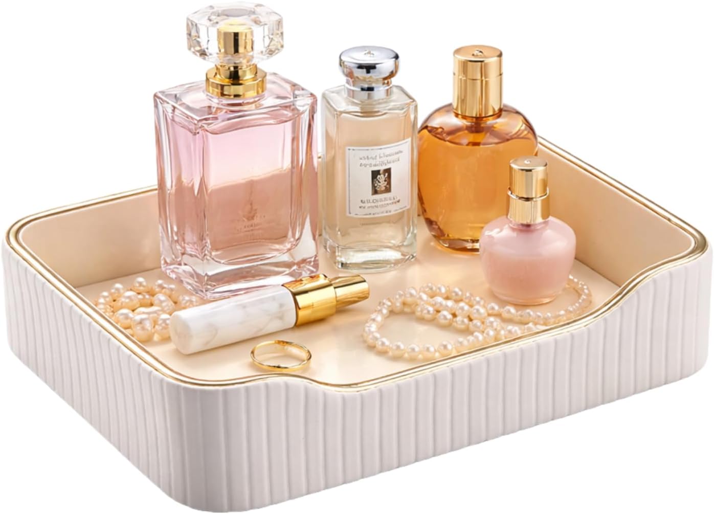 KINGFOM Prefume Tray, PU Leather Valet Tray Nightstand Organizer Trays for Men Women, Table Centerpieces Decorative Vanity Trays, Desk Organizer Tray for Key Jewelry Cosmetics (Ivory White)