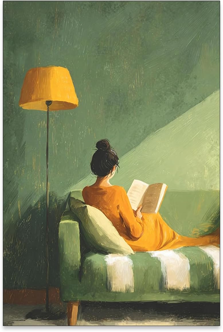 MWZUPQ Female Reading Book Poster Green Trendy Minimalist Book Wall Art Modern Vintage Aesthetic Canvas Prints Library Living Room Dorm wall decor 16X24 inch Unframed