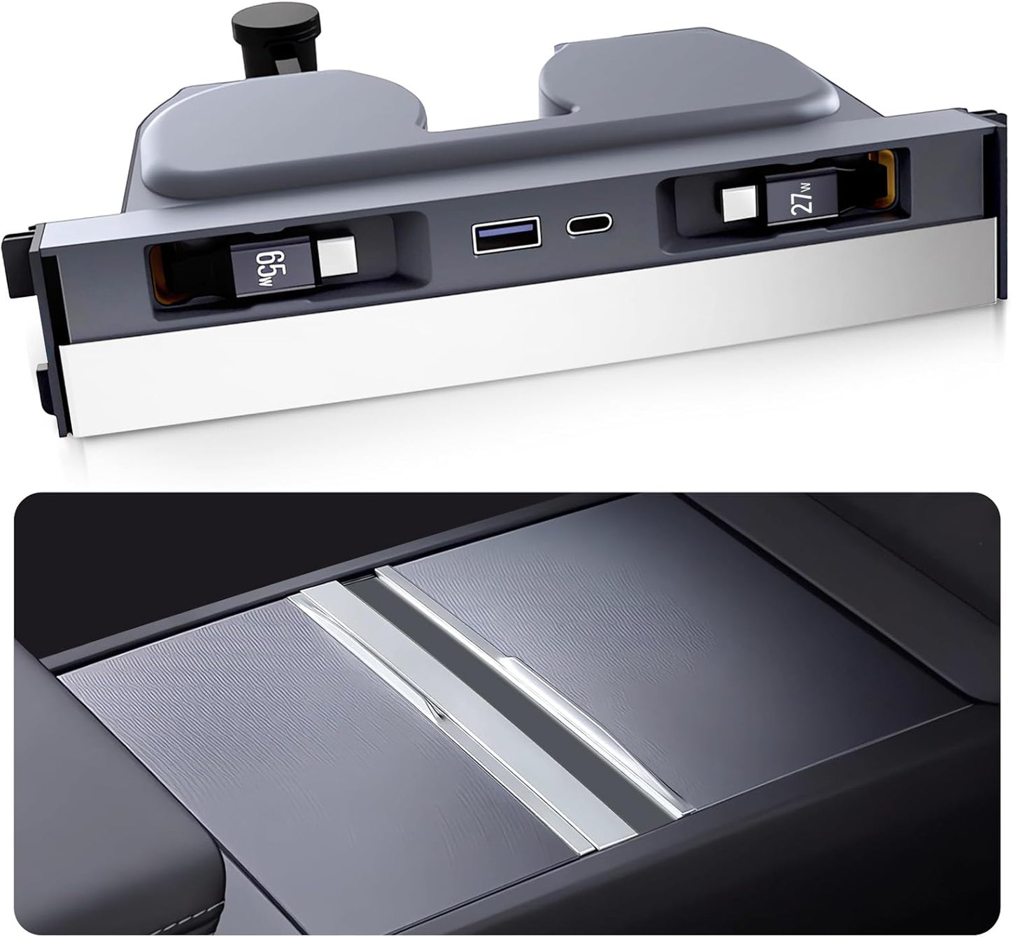 USB Hub for Tesla Model Y Juniper 2025 2026 Model 3 Highland 2024 2025 with Sliding Cover, 119W Dual Type-C Retractable Cables Multi Ports Fast Charger fit Center Console Docking Station