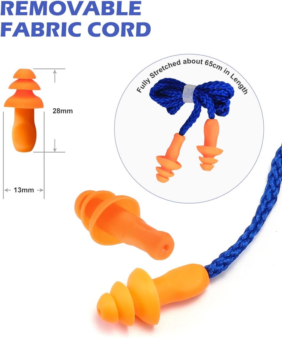 12 Pairs Corded Silicone Ear Plugs - Individually Wrapped - Reusable Noise Cancelling Earplugs for Hearing Protection - Shooting Range Noise Reduction, Construction Work, Hunting Ear Protection