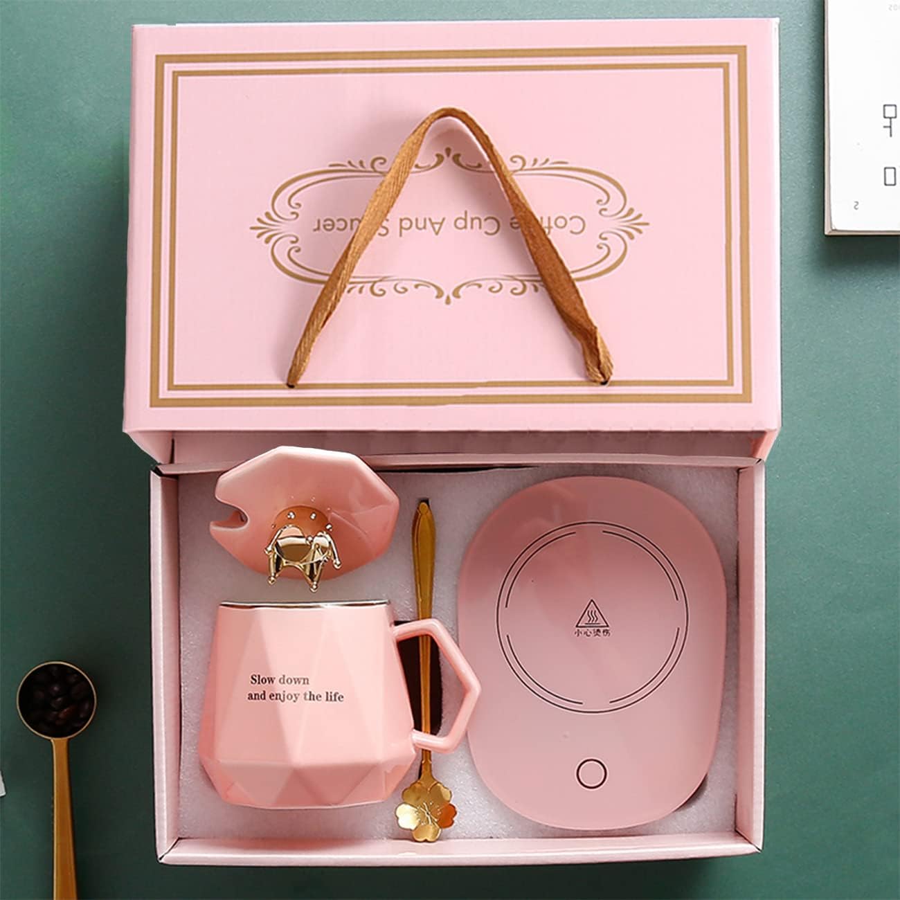 Coffee Warmer for Desk with Mug Set. Women's Day Valentines Morther's Day Birthday Gifts for Woman. Cup Warmer with Automatic Shut Off, Drink Warmer for Cocoa, Tea, Milk. (Pink)