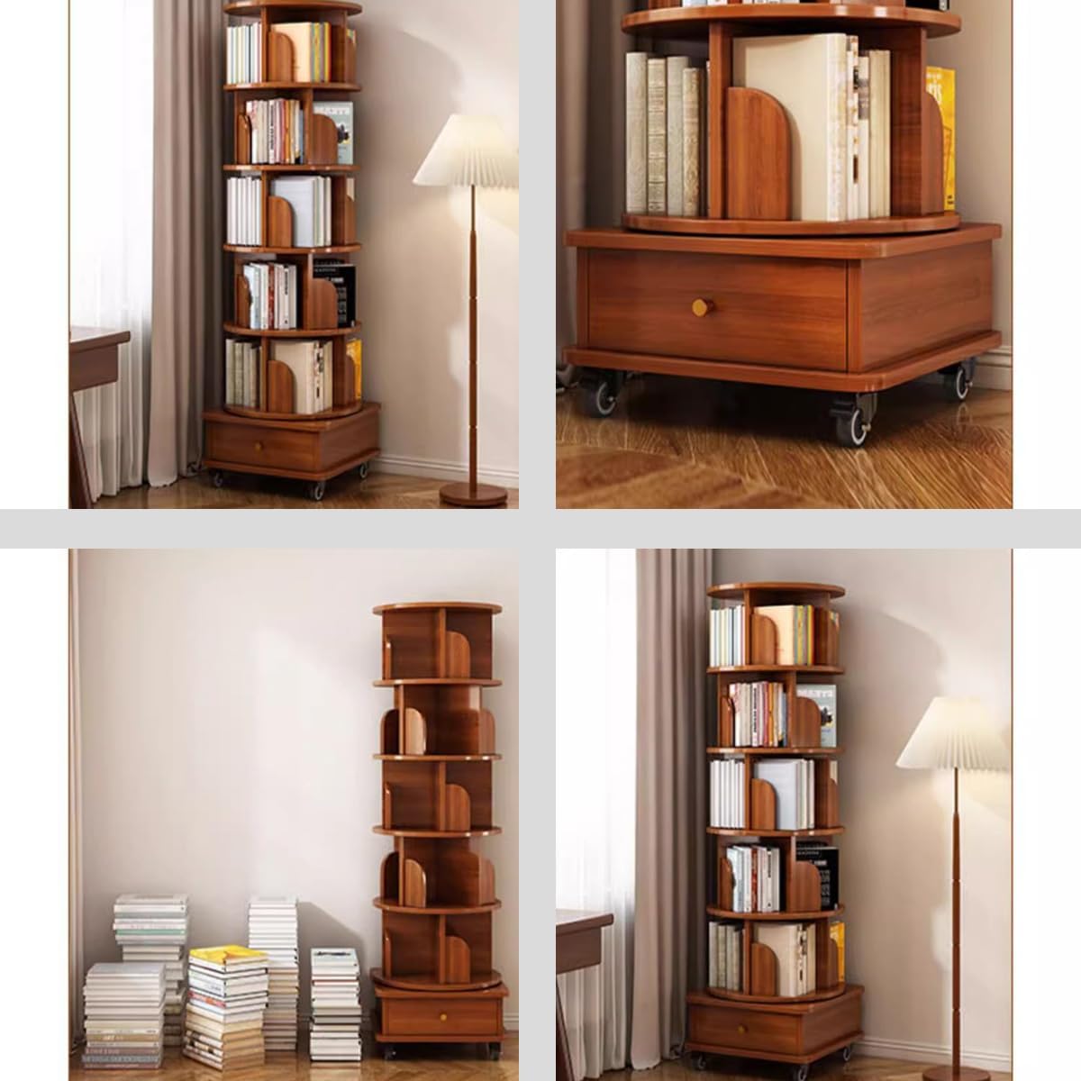 360° Rotating Kids Bookshelf, Stackable Bookcase Tower with Drawer, Adjustable Book Organizer with Brake Wheels for Children's Room, Fun & Functional Storage Solution