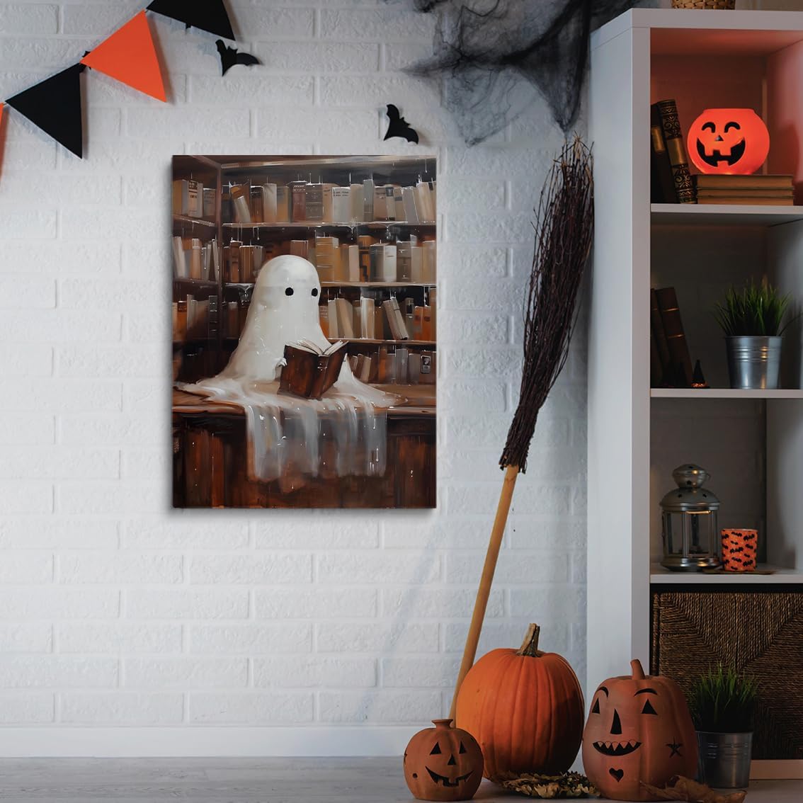 Vintage Cute Ghost Canvas Wall Art,Cute Ghost Reading in Library Halloween Cottagecore Decor,Gothic Dark Academia Wall Decor, Vintage Wall Art Poster Ghost Halloween Pictures 12x16in Unframed