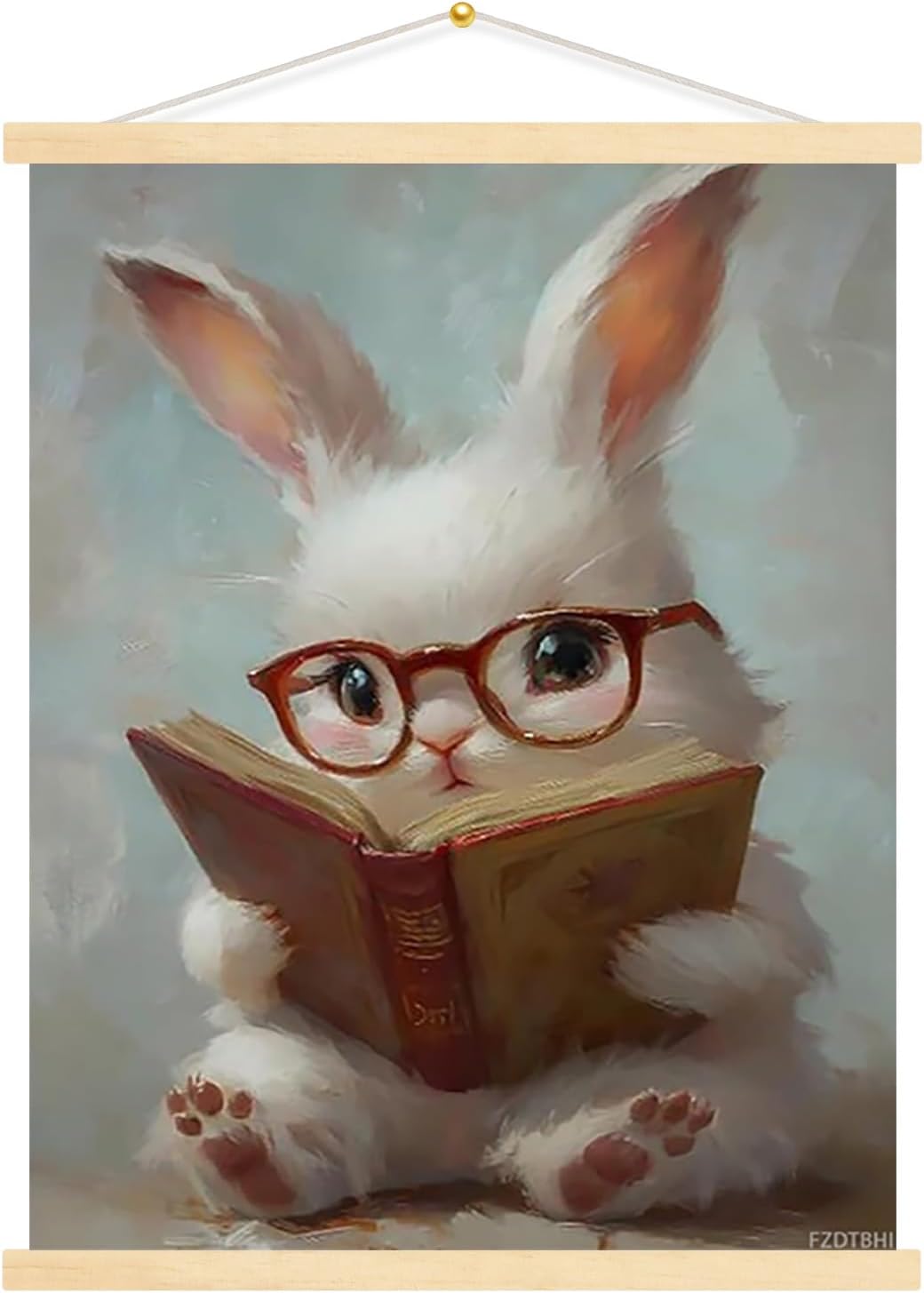 Cute Rabbit Wearing Glasses Reading Book Poster Framed Wall Art Canvas Print Artwork Aesthetic Picture Painting Room Decor for Living Room Office Bedroom Wall Decortion Frame 12x16inch