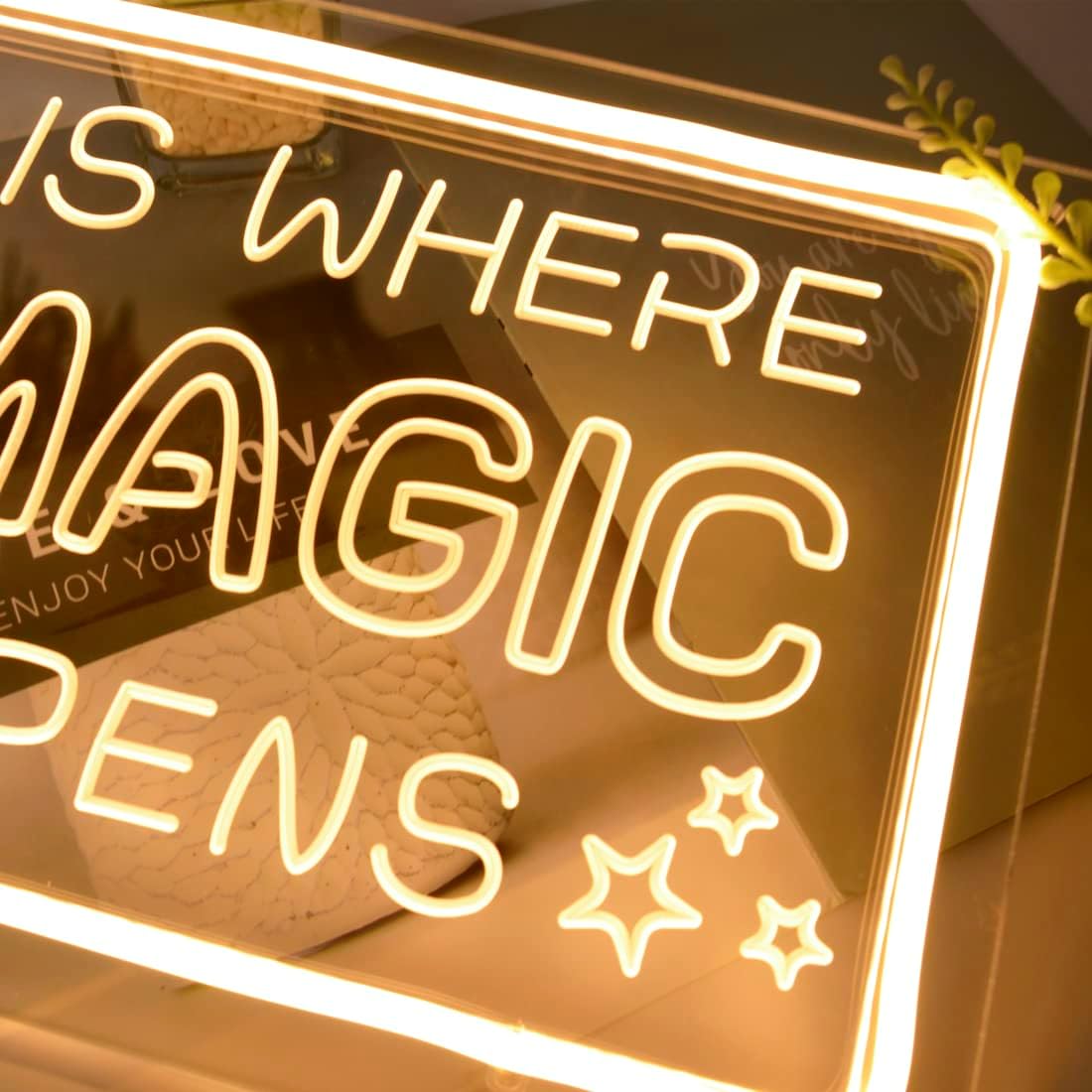 Britrio This Is Where The Magic Happens Neon Sign Light Bedroom Dorm Office Wall Decor Light Up Word Neon Sign Home Bar Club Cafe Shop Salon Man Cave Window Wedding Birthday Party Gift 5V USB Warm White
