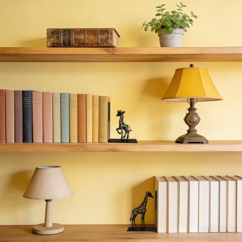 1 Pair Giraffe Bookends for Shelves,3D Foldable Giraffe Book Ends Decorative Bookends Organizer Metal Book Stands Journal Book Holder Book Stoppers for Women Girls Kids Gift Home School Library Decor