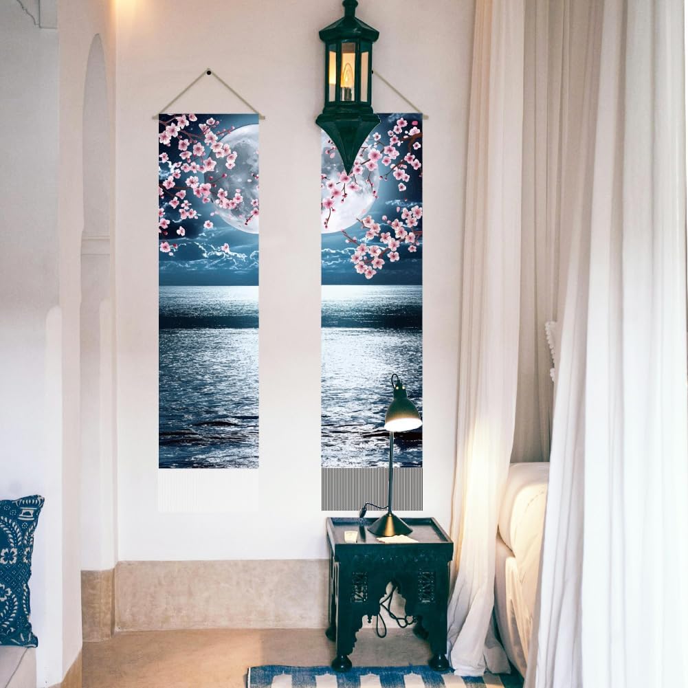 AHANDMAKER 2Pcs Japanese Anime Scenery Tapestry, Ocean Moon Cherry Blossom Vertical Wall Hanging, Tassel Wall Aesthetic Tapestry for the Living Room, Wall Decor Entry(45.7x13 Inch)