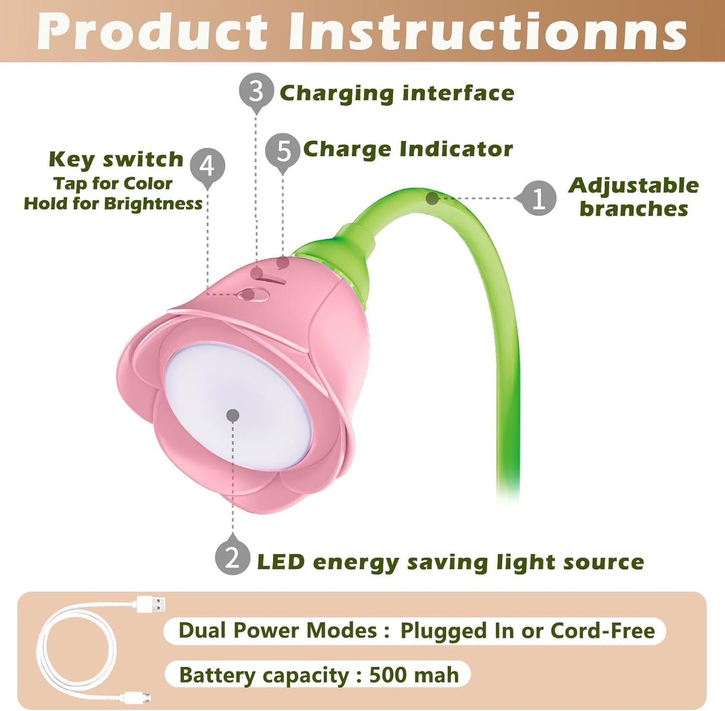 Rose Flower Lamp Rechargeable Reading Light for Bed,3-Color Modes Adjustable Brightness Small Night Light Neck Reading Light,Festival Gifts for Kids Mom Girlfriend Grandma (Pink)