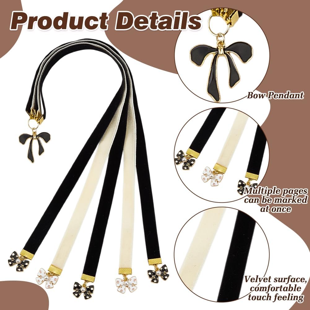 2Pcs Ribbon Bookmark Velvet Ribbons Bible Bookmarks Black White Velvet Ribbons Book Marks with Alloy Bowknot Pendant Multi-Strand Bible Book Marks for Women Men Book Lovers