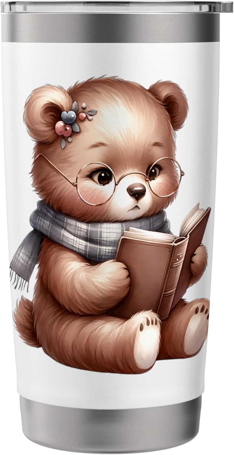 Adorable Bear Reading Book Cute Design Stainless Steel Insulated Tumbler