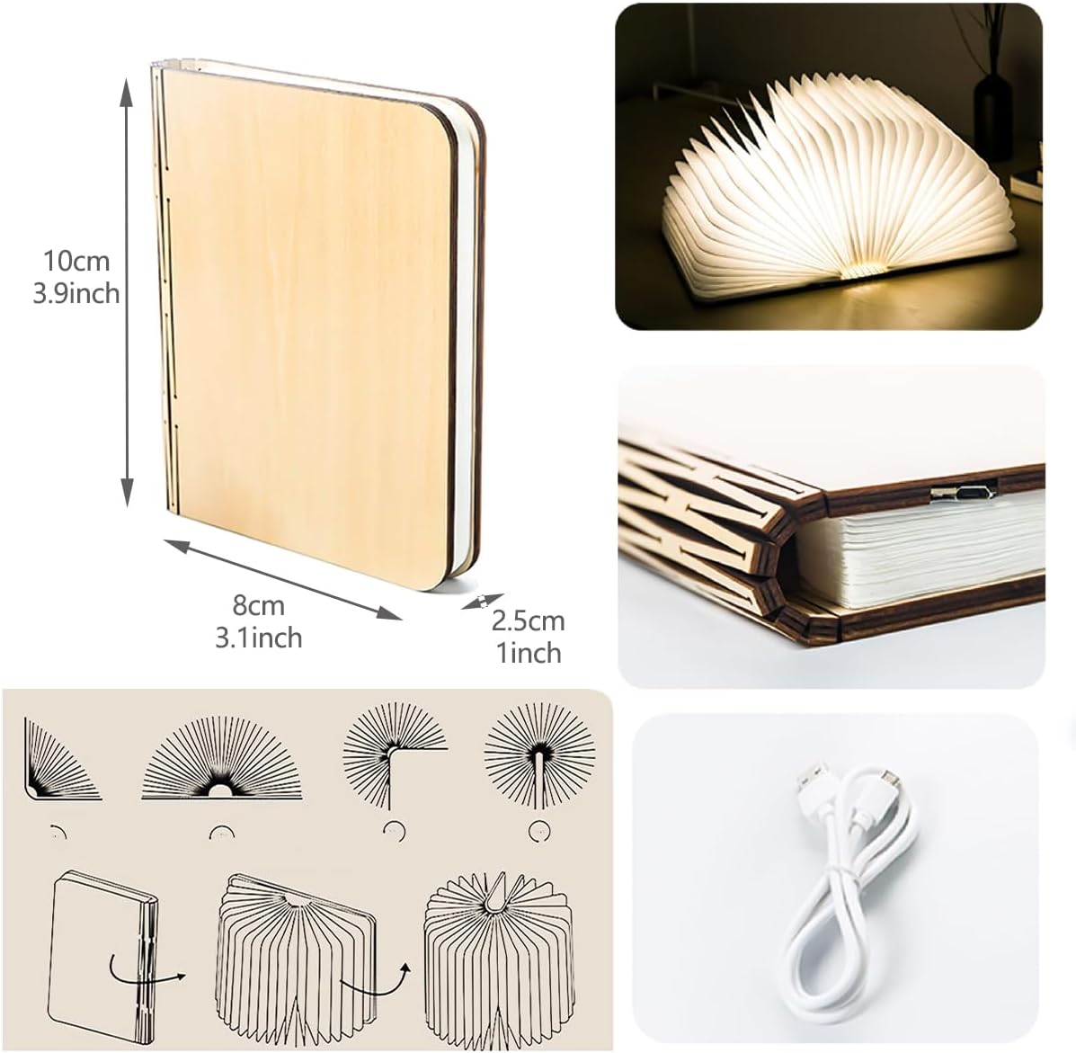 Folding Book Lamp Mood Light, 5 Colors Novelty LED Night Light Book-Shaped Desk Light, USB Rechargeable Wooden Bedside Table Lamp for Home Decor Birthday Gift
