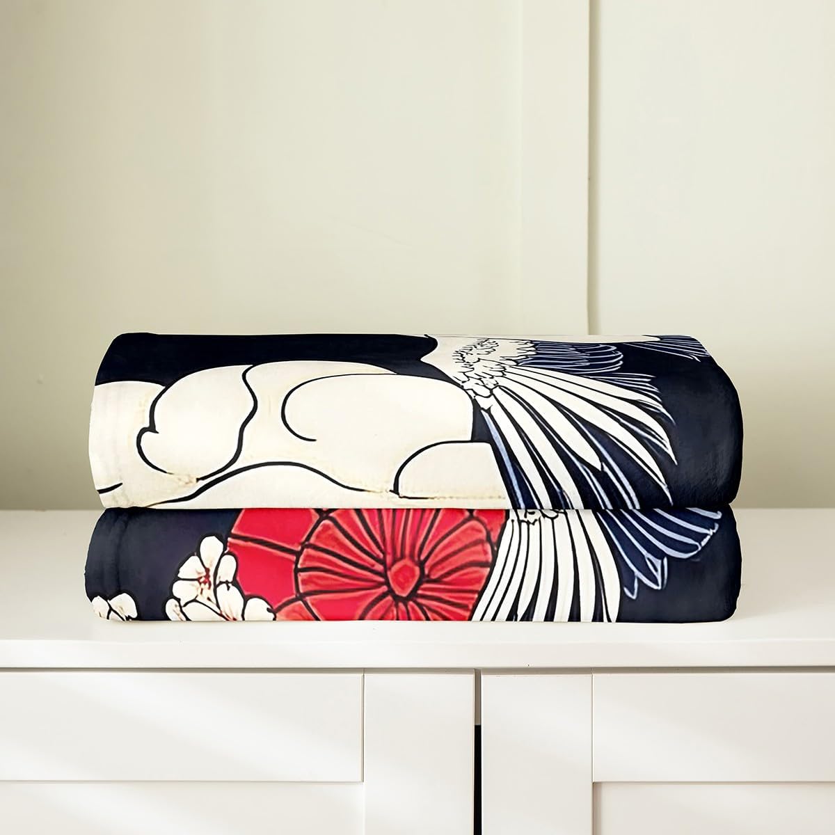 Feelyou Crane All Season,Bed Blanket for Sofa Couch Throw 50"x60" Cherry Blossoms Plush Throw Blanket, Ultra Soft Japanese-Style Flannel Fleece Blanket Exotic Room Decor Wave