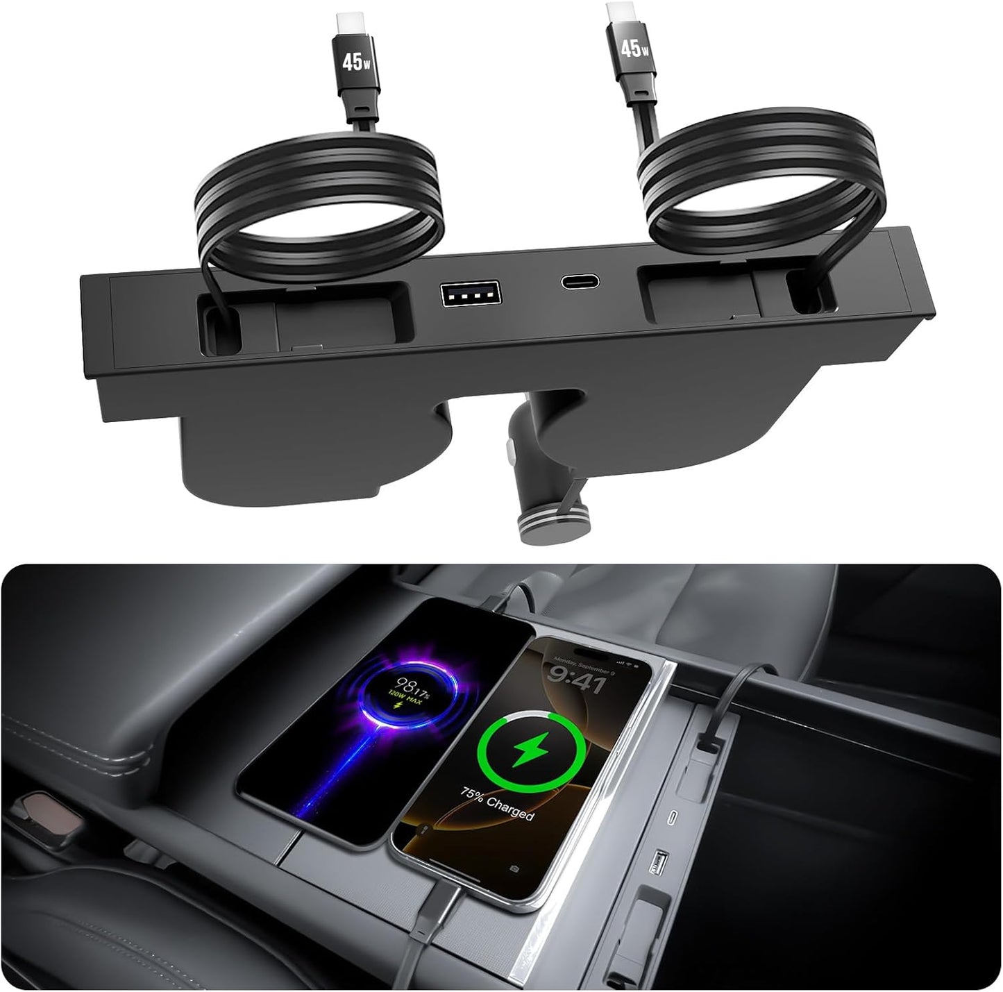 USB Hub for Tesla Model Y Juniper Accessories 2026 & Model 3 Highland 2025 Accessories, Hidden Console Phone Charger Hub, Center Console Interior (2-Type C for ModelY/3 Juniper&Highland)