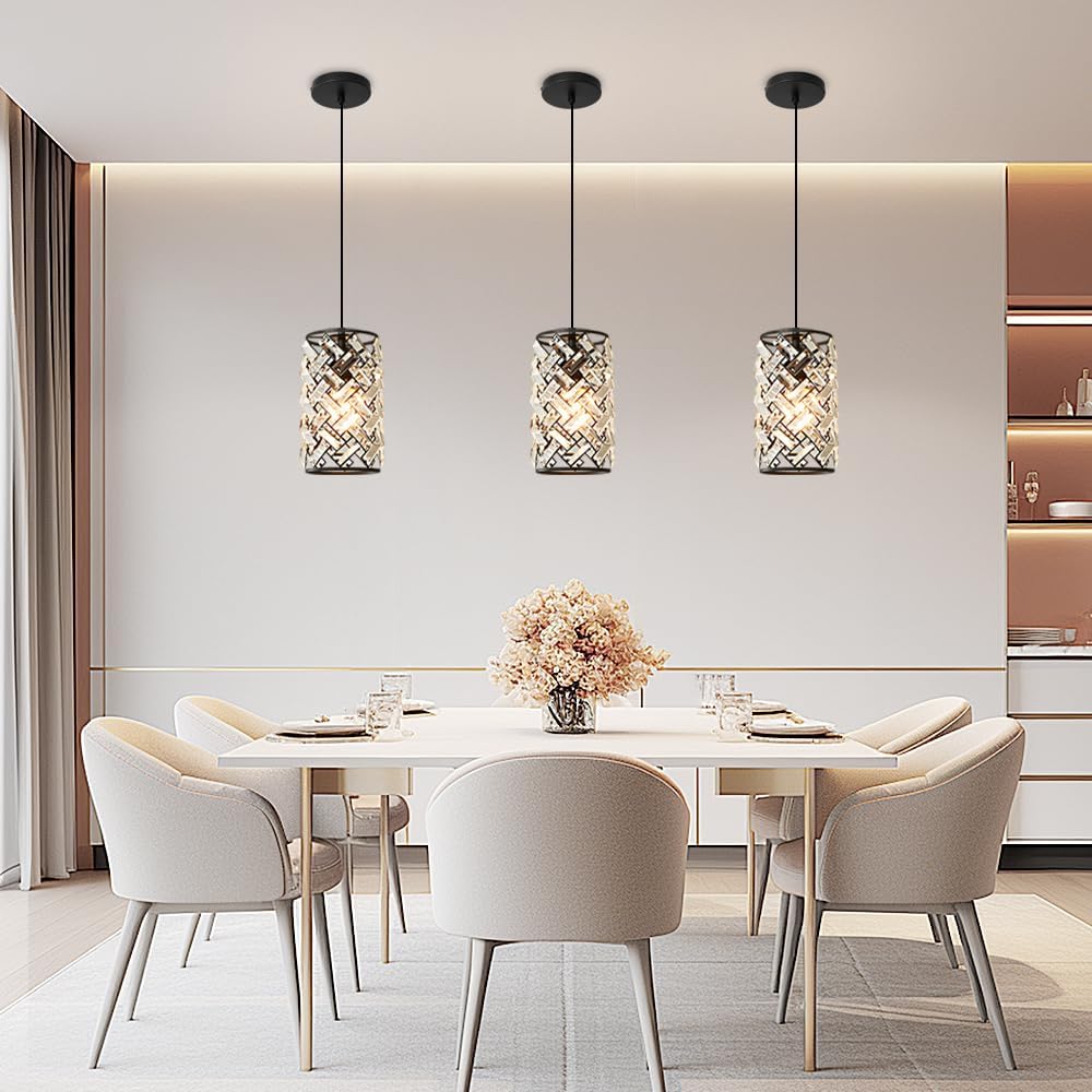 Black Pendant Lights Kitchen Island, Mini Crystal Modern Kitchen Pendant Lighting Over Sink with 10.2" Clear Glass Shade Chandeliers, Adjustable Pendant Light Fixture for Dinning Room Bedroom Entryway